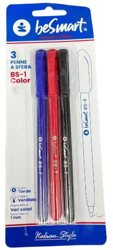 Besmart Bs-1 Color Ballpoint Pens – Blister Pack Of 3 (Blue, Red, Black)